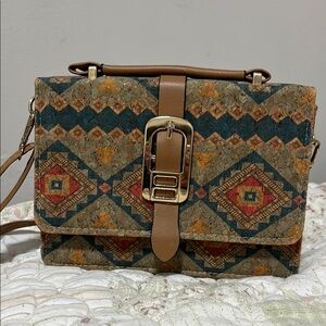 Geometric Patterned Tan and Multicolor Women's Bag